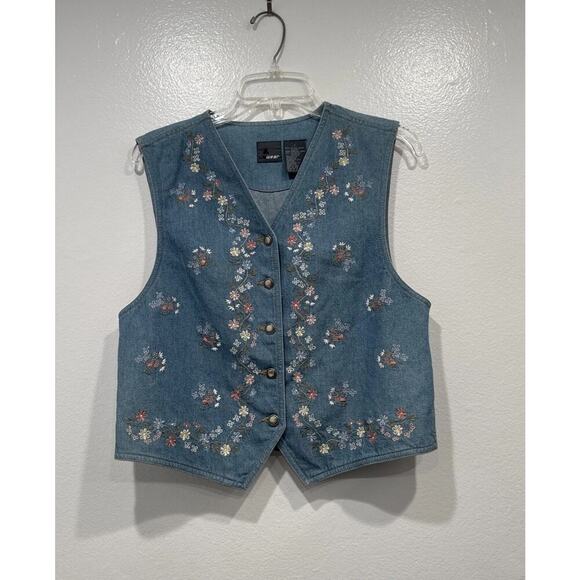 Liz Wear Jackets & Blazers - Vintage Liz Wear Embroidered Floral Denim Vest Women’s Size Small Western Boho